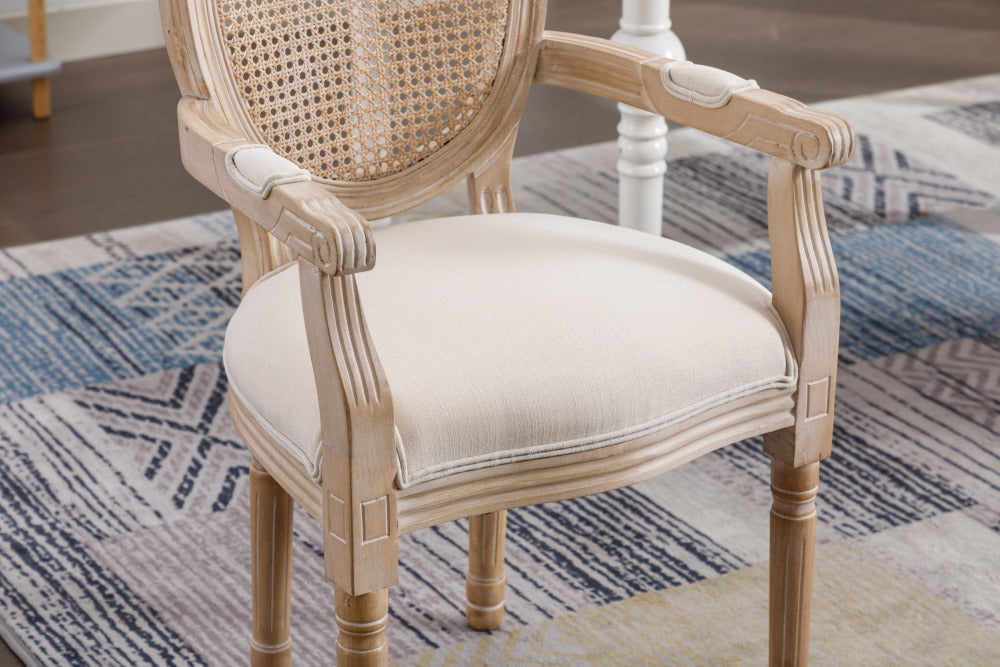 French Vintage Upholstered Fabric Dining Armchair, Set of 2, Beige